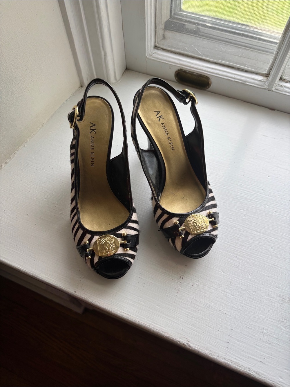 Anne Klein Black and White Striped Peep-Toe Slingback Heels with Gold Accent